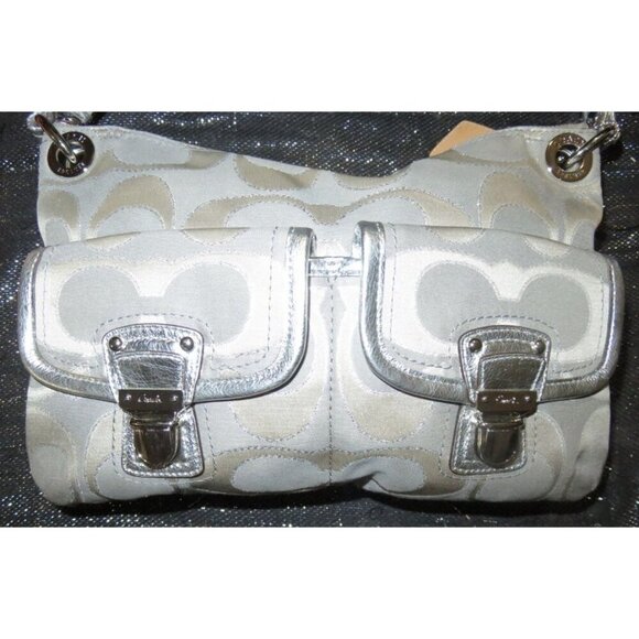 Coach 2011 Poppy Grey & Silver Metallic Signature Hippie Jacquard Bag Pushlock - Picture 7 of 12